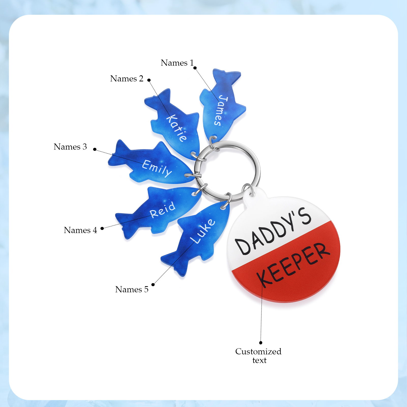5 Names - Personalised Fish Keyring with Custom Text and Name Father's Day Gift for Dad