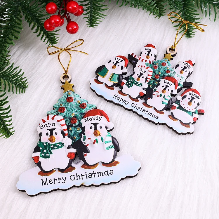 9 Names-Personalized Family Wooden Christmas Ornament-Custom 9 Names Hanging Ornament Gifts For Family-Winter Penguin Family