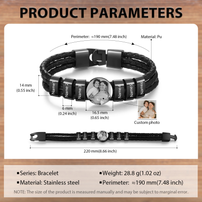 Personalized Braided Leather Bracelet Engraved with 6 Names and Customized 1 Photo Men's Bracelet for Dad