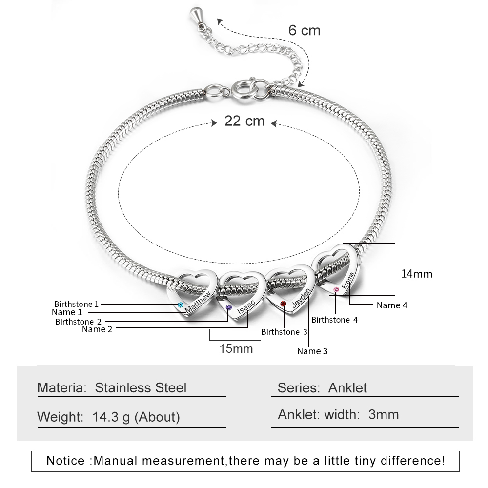 Custom Anklet Engraved 4 Names and Birthstones Heart Shaped Charm Personalised Bracelet for Women