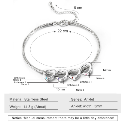 Custom Anklet Engraved 4 Names and Birthstones Heart Shaped Charm Personalised Bracelet for Women