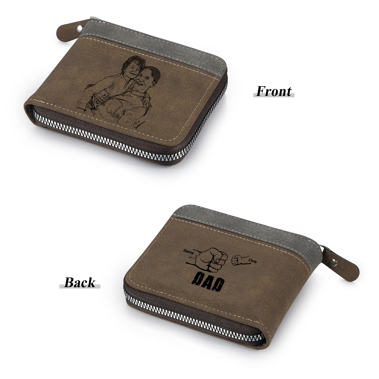 2 Names - Personalised Fist Bump Photo Custom Leather Men's Zipper Wallet as a Father's Day Gift for Dad