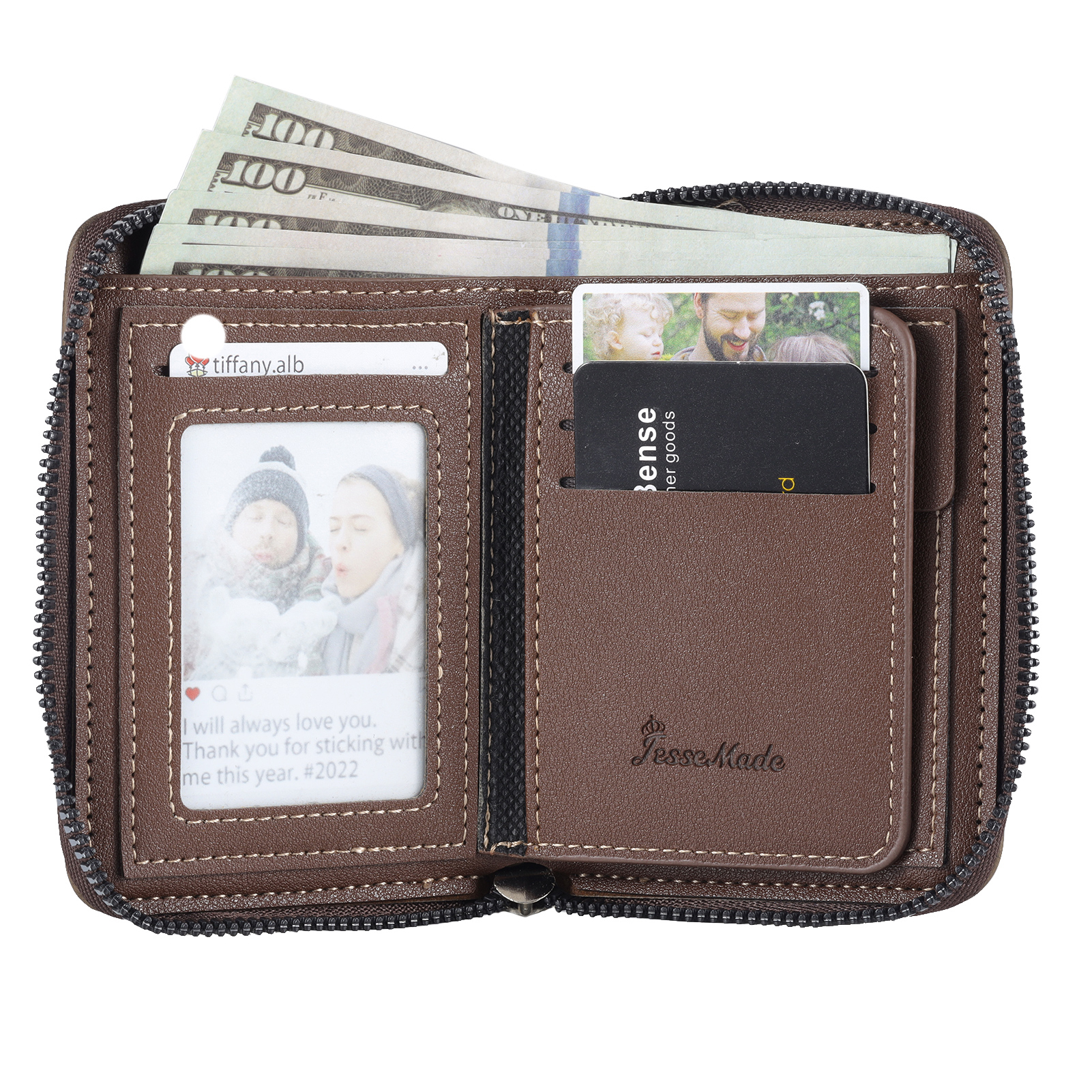 6 Names - Personalised Fist Bump Fist Bump Photo Custom Leather Men's Zipper Wallet as a Father's Day Gift for Dad