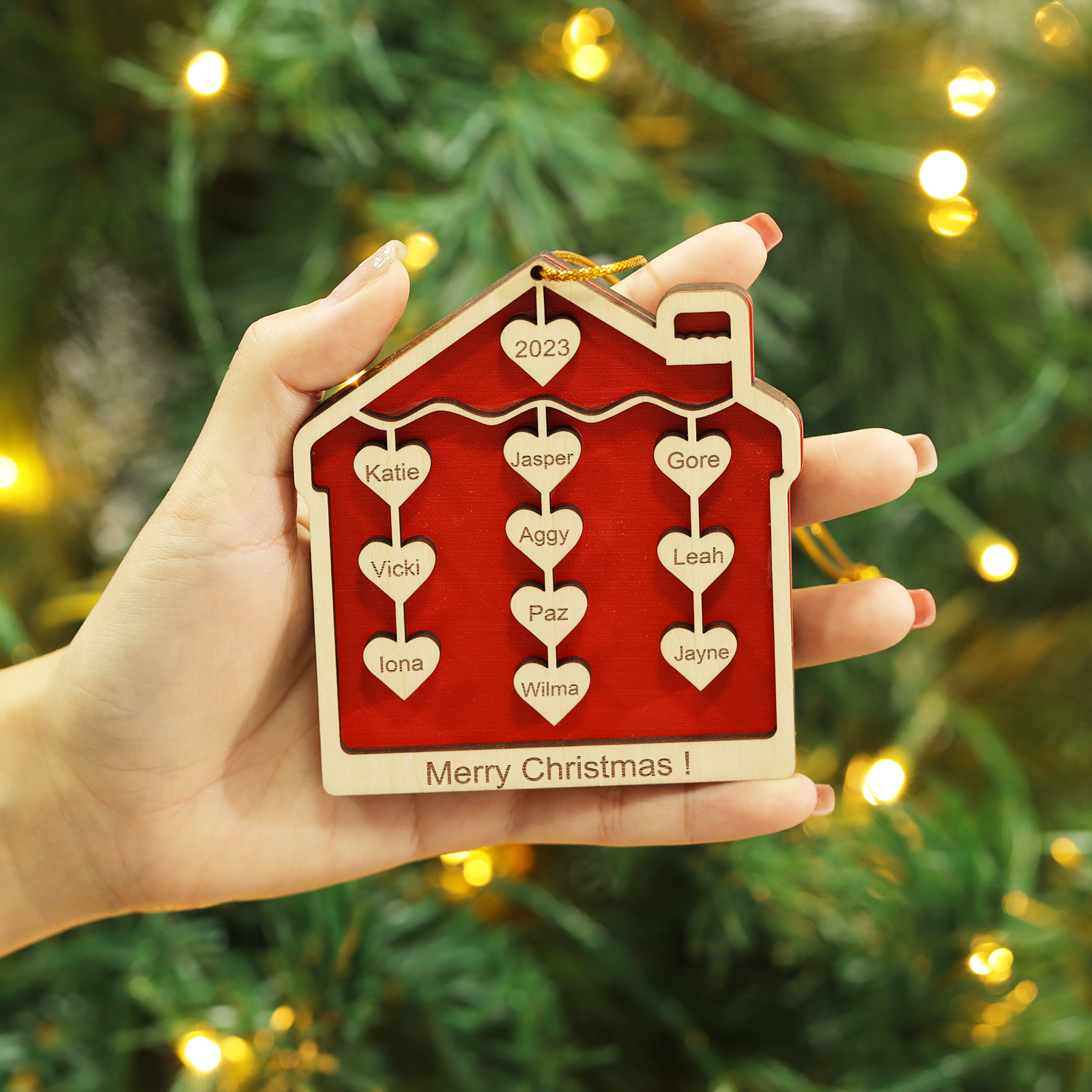 10 Names-Personalised Family Wooden Christmas Xmas Tree Decoration Ornament-Custom 10 Names And Year Hanging Ornament Gifts For Family