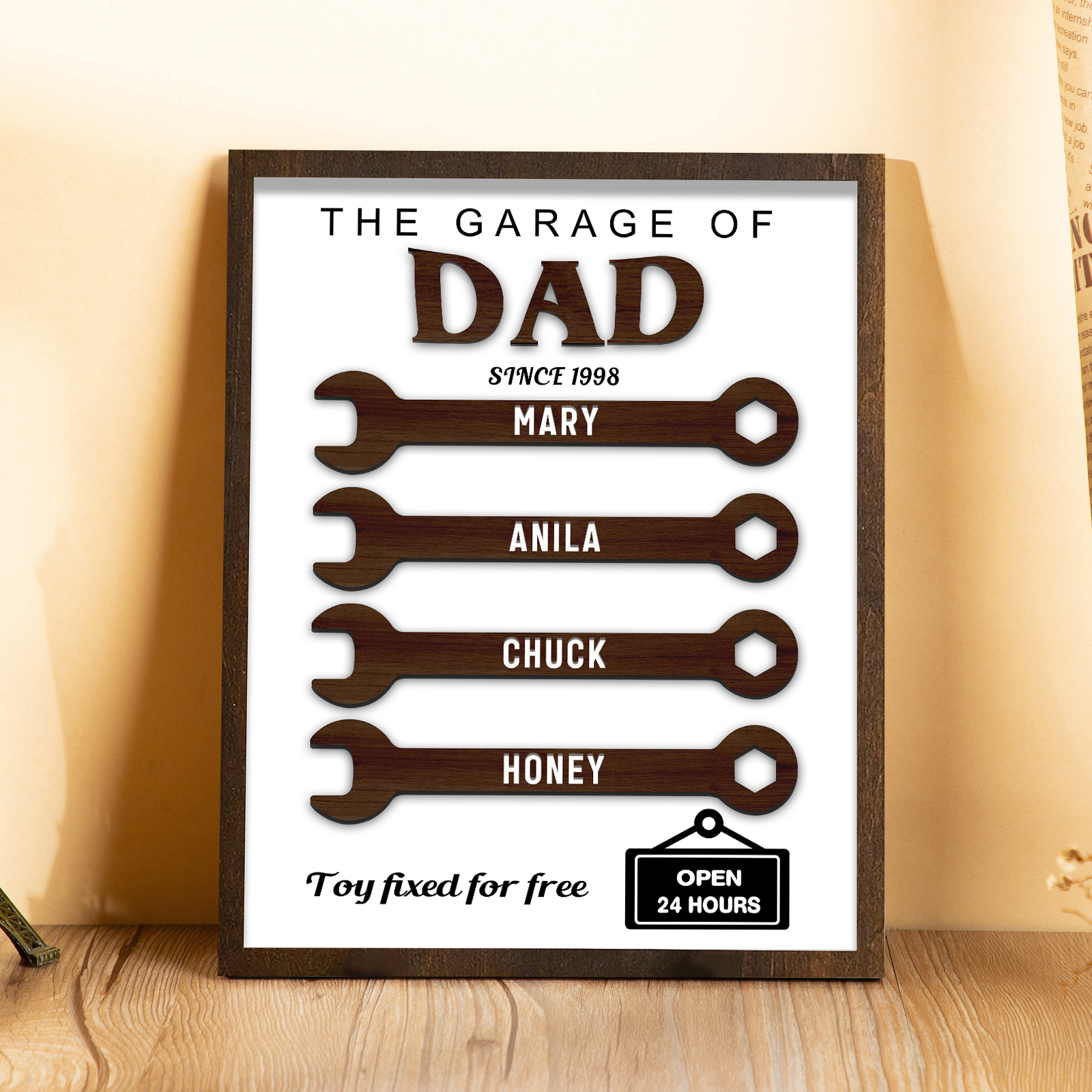 4 Names - Personalised Repair Tool Style Home Photo Frame Wooden Decor Father's Day Gift for Dad