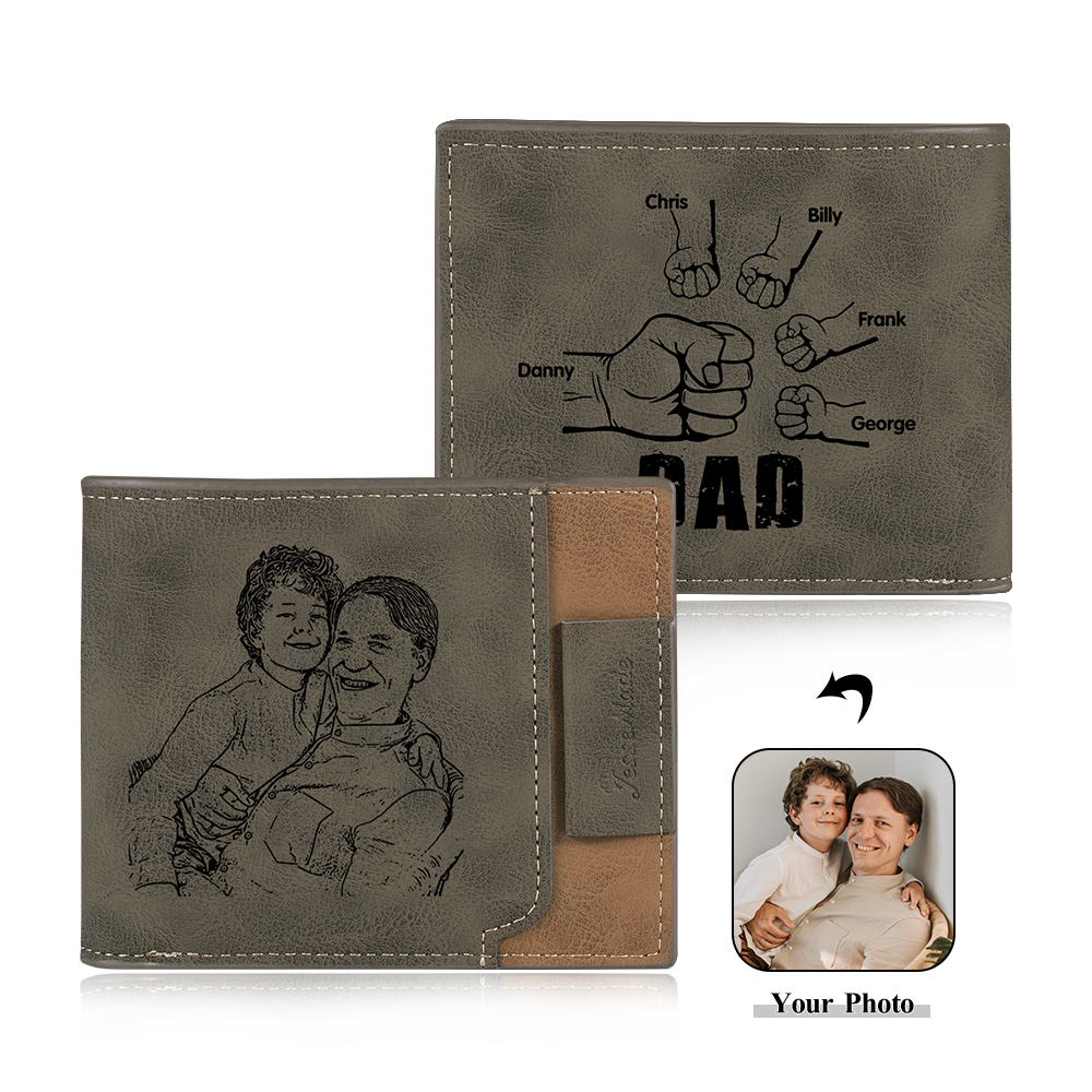 5 Names - Personalised Photo Custom Leather Men's Wallet as a Father's Day Gift for Dad