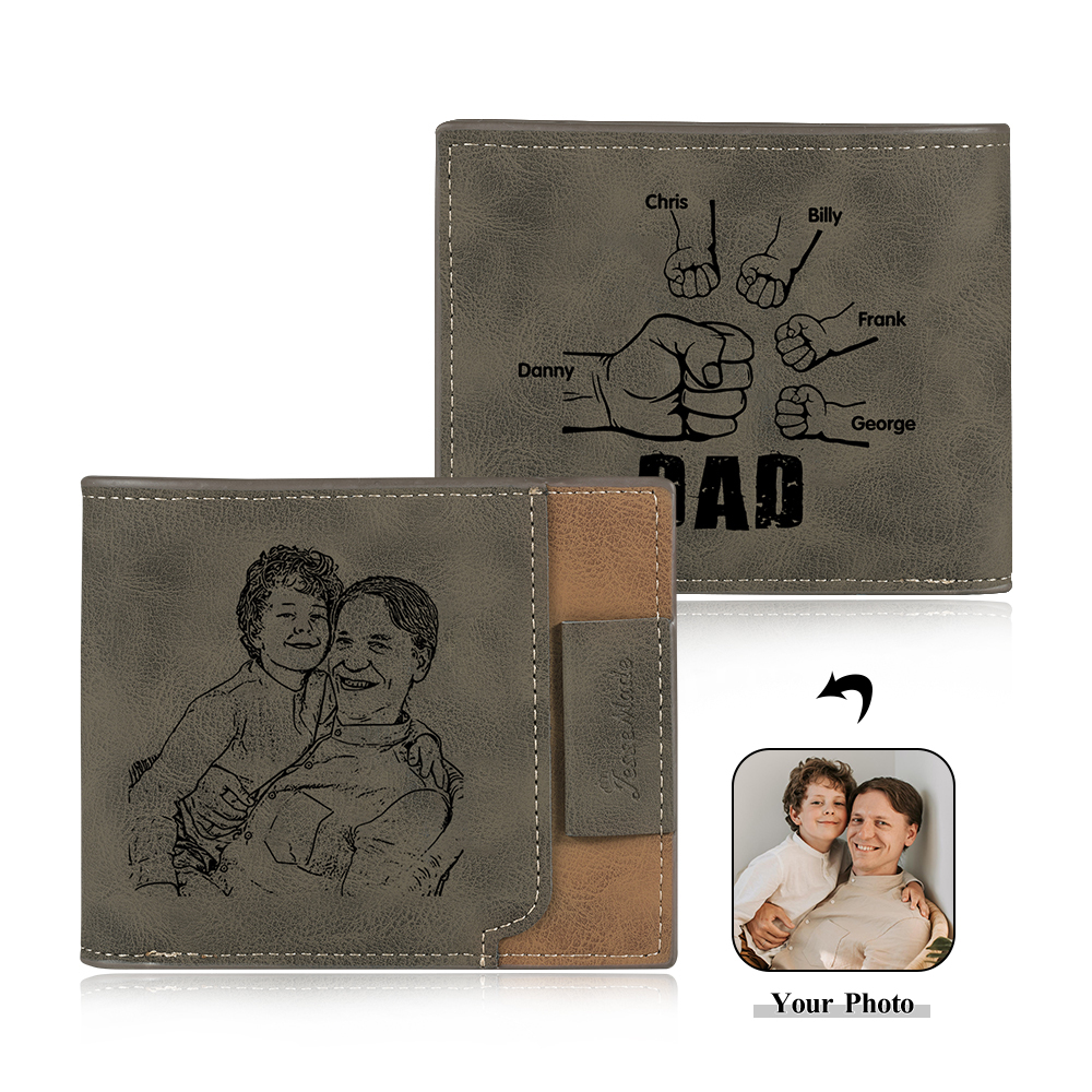 5 Names - Personalised Photo Custom Leather Men's Wallet as a Father's Day Gift for Dad