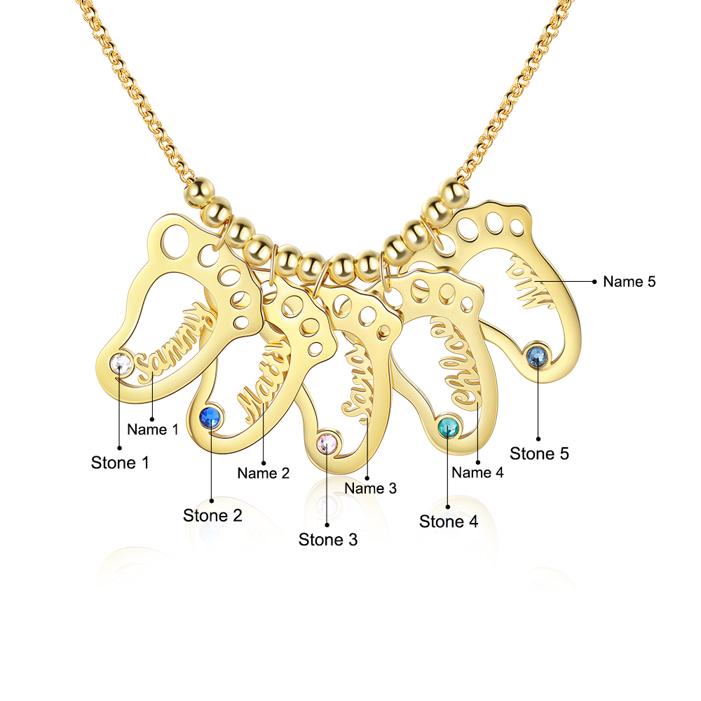 Personalised Baby Foot Necklace With 5 Birthstones Engraved Names Gift For Mother