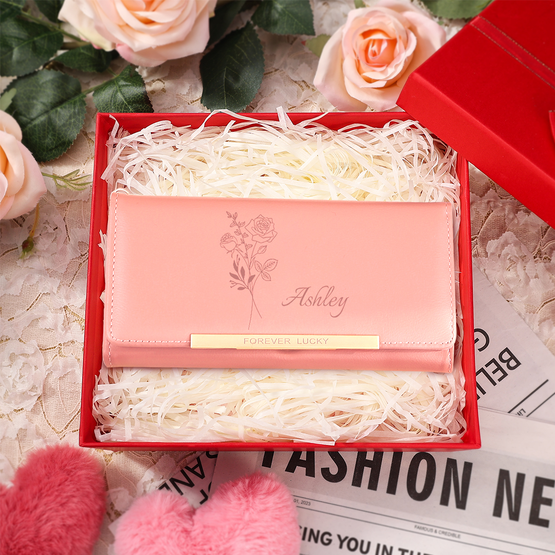 Personalised Women’s Wallet – Custom Birth Flower & Name - “Forever Lucky”– Valentine’s Day Gift for Her | Jessemade