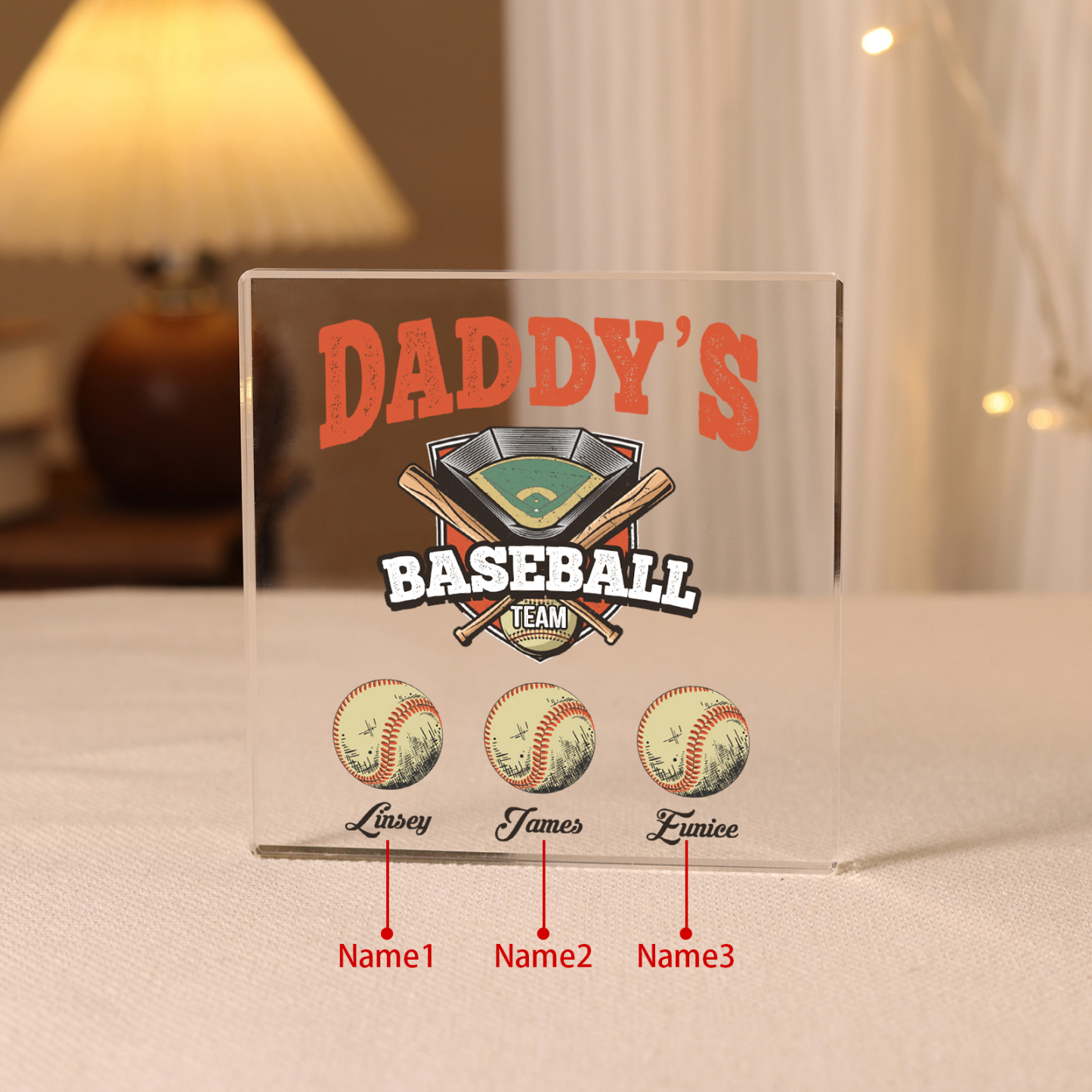3 Names - Personalised Baseball Acrylic Keepsake Customized Name Acrylic Plaque Decoration Father's Day Gift for Dad