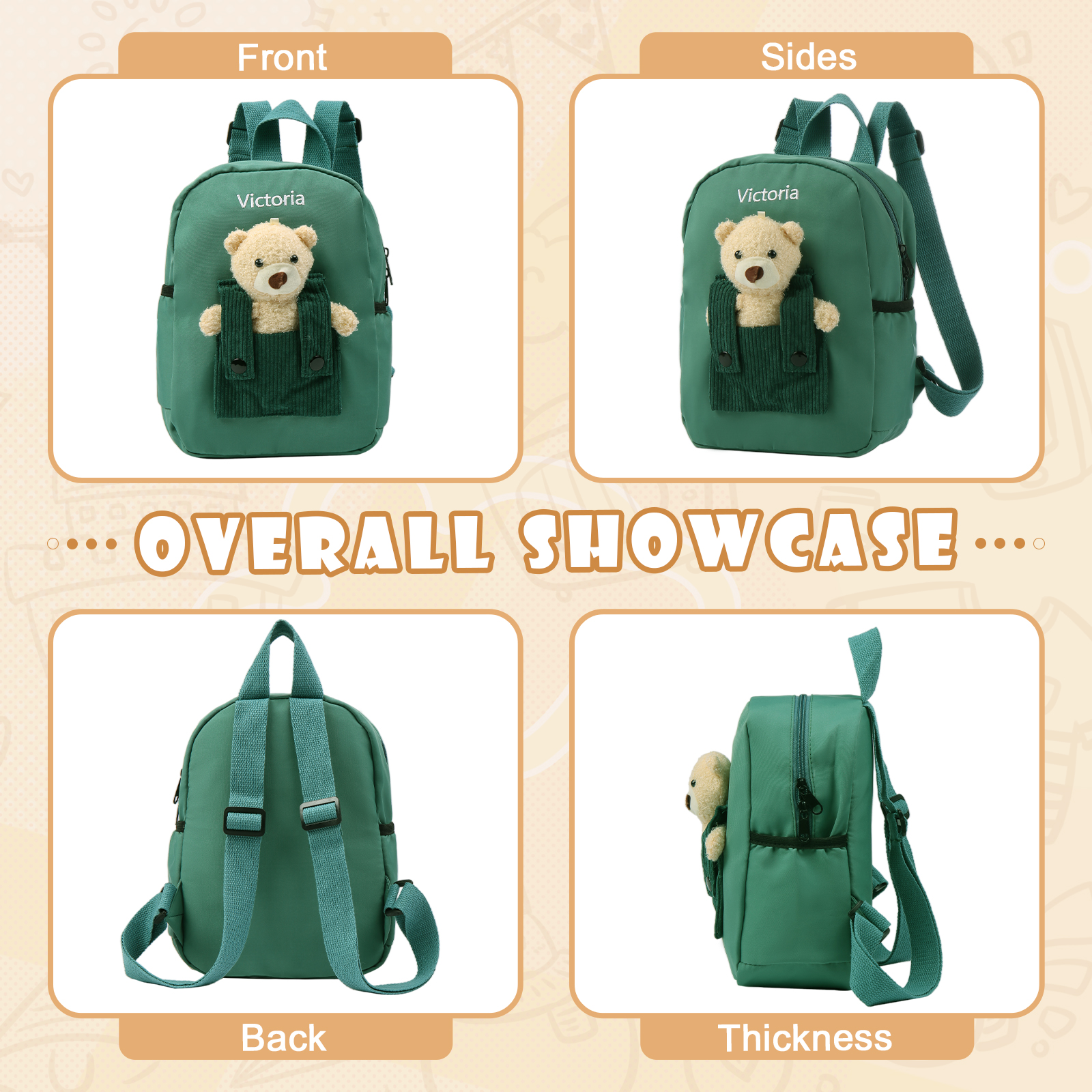Personalised Bear School Bag Custom Name Canvas Backpack Back To School Gift for Kids