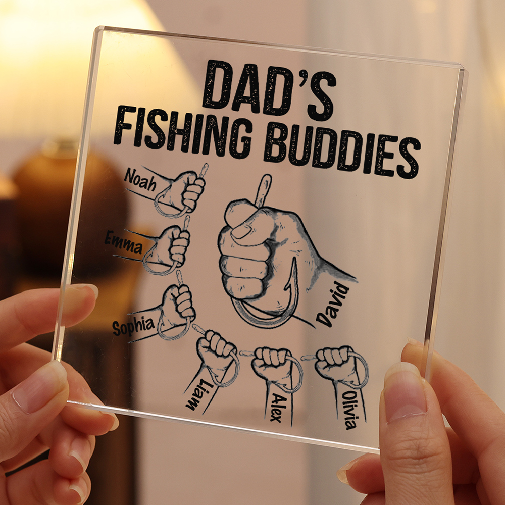 7 Names - Personalised Fishhook Fist Bump Pattern Family Acrylic Keepsake Customized Name Acrylic Home Decor Gift for Dad