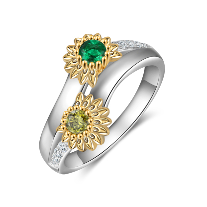 Personalised Sunflower Ring With 2 Birthstones Engraved Names Ring Gift For Women | Jessemade