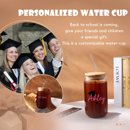 2024 Graduation Gift - Personalised Custom Text, year and Name Glass with Glass Straw