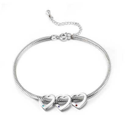 Custom Anklet Engraved 3 Names and Birthstones Heart Shaped Charm Personalised Bracelet for Women
