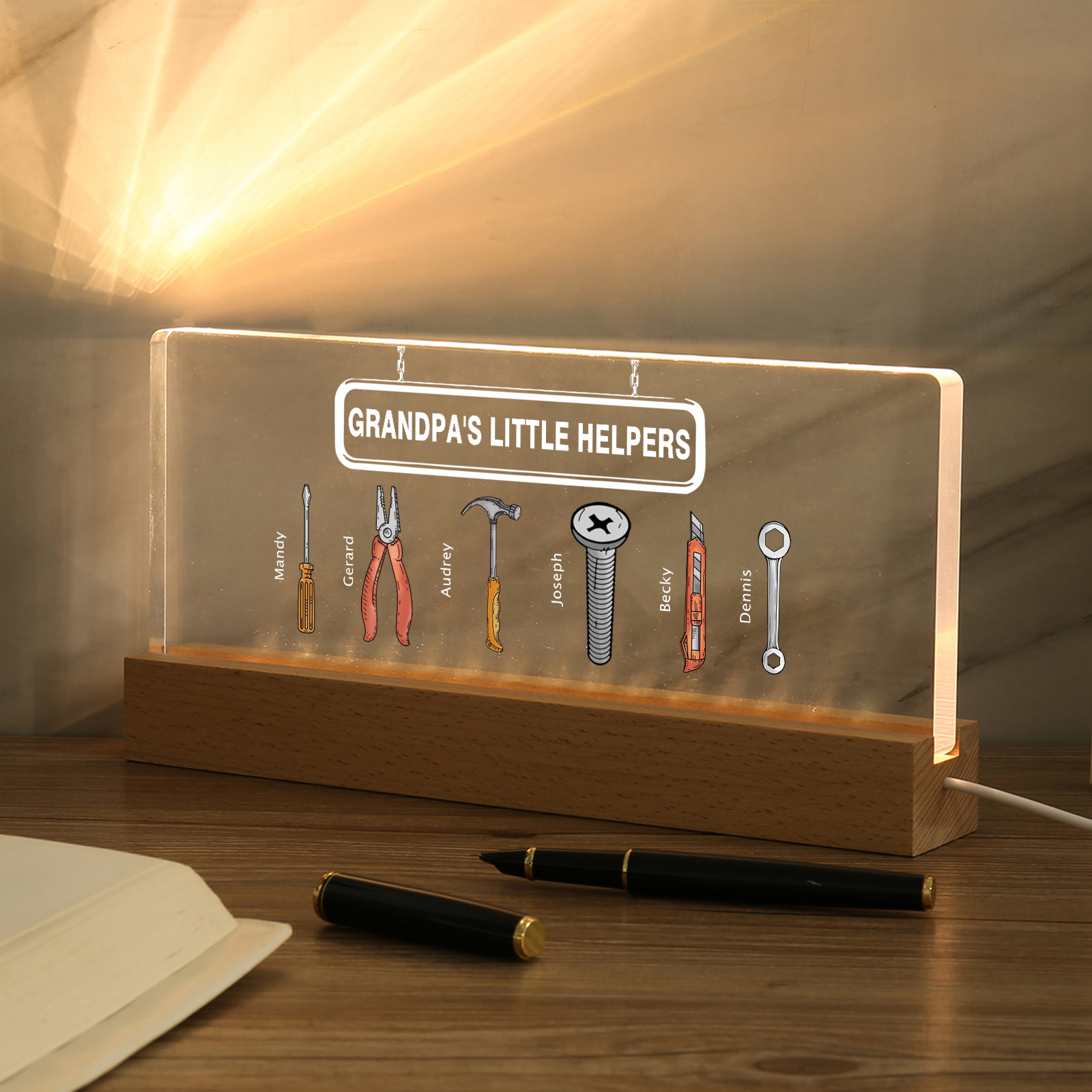 6 Names - Personalised Repair Tool Pattern Table Lamp Customized Text Father's Day Gift for Grandad/Dad