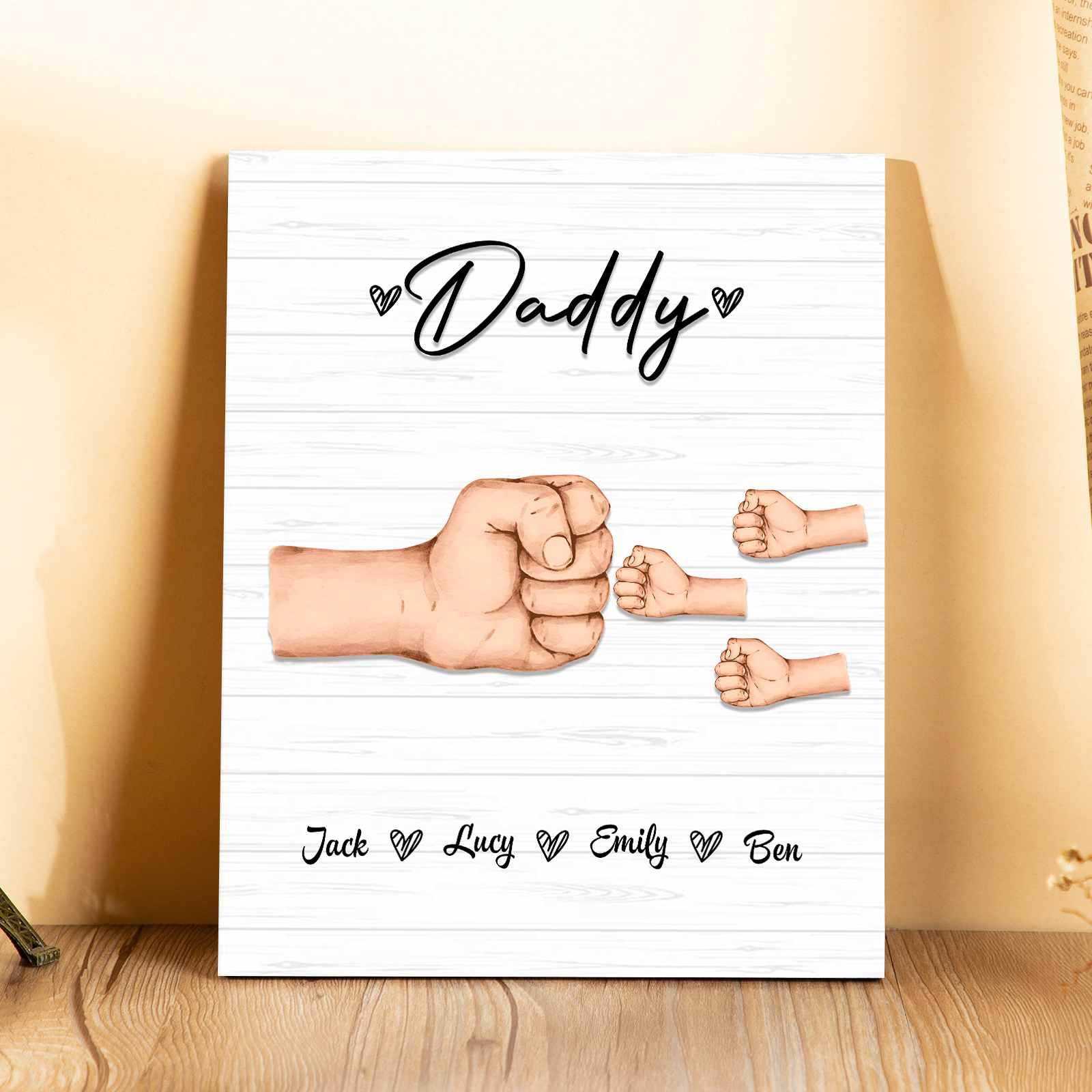 4 Names - Personalised Wooden Ornament Fist Bump Style Engraved Name and Text Ornament for Dad
