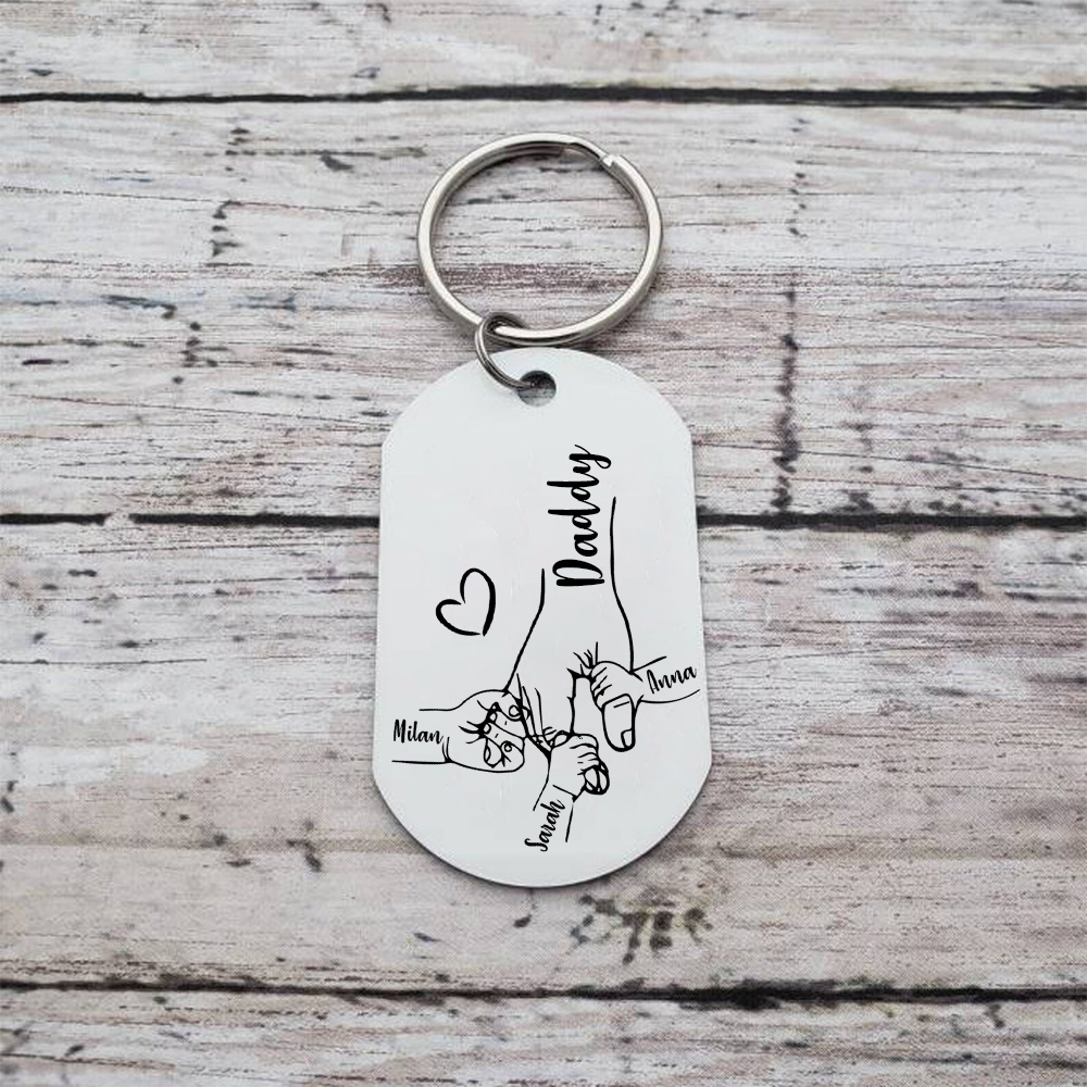 3 Names - Personalised Holding Hands Keyring with name and text Gift for Dad
