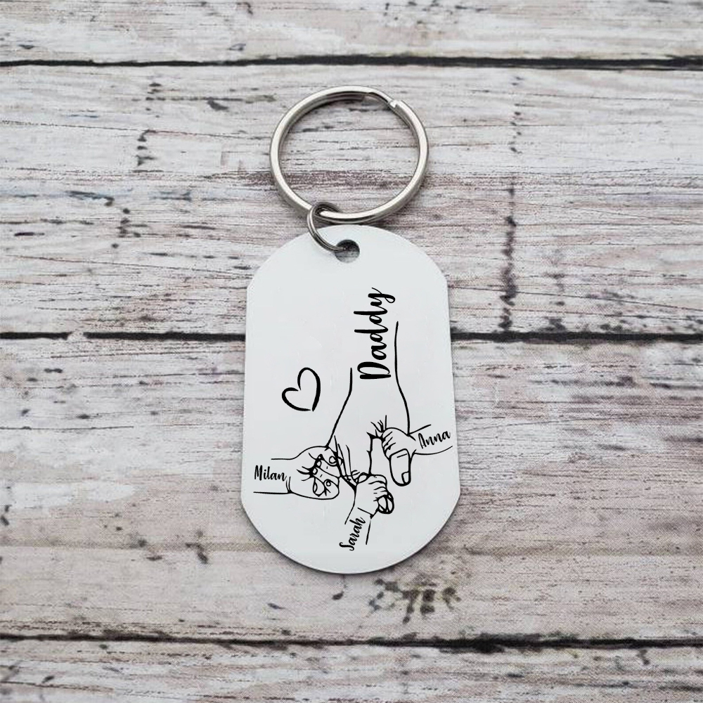 3 Names - Personalised Holding Hands Keyring with name and text Gift for Dad