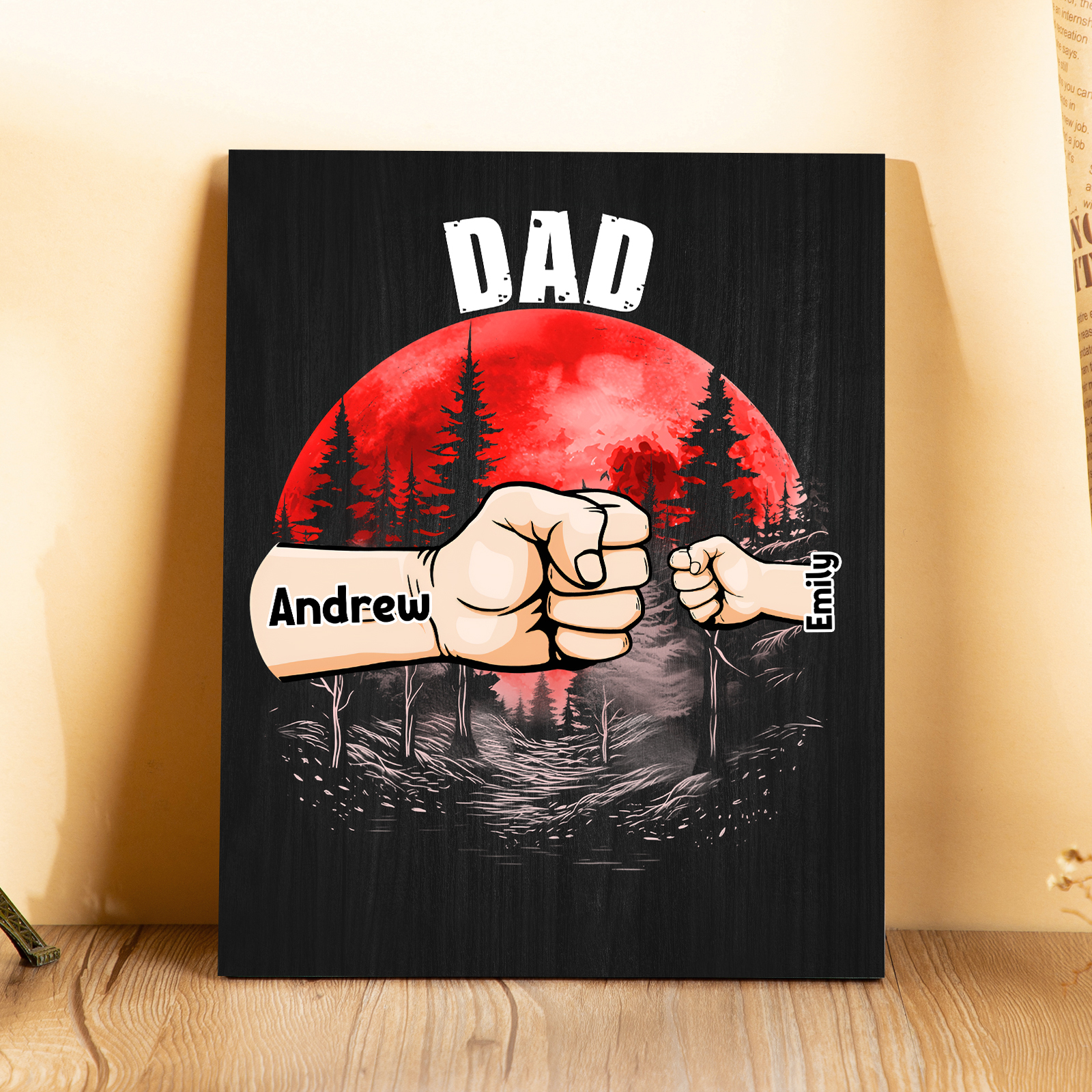 2 Names - Personalised Wooden Ornament Fist Bump Red Forest Style Engraved Name and Text Ornament for Dad