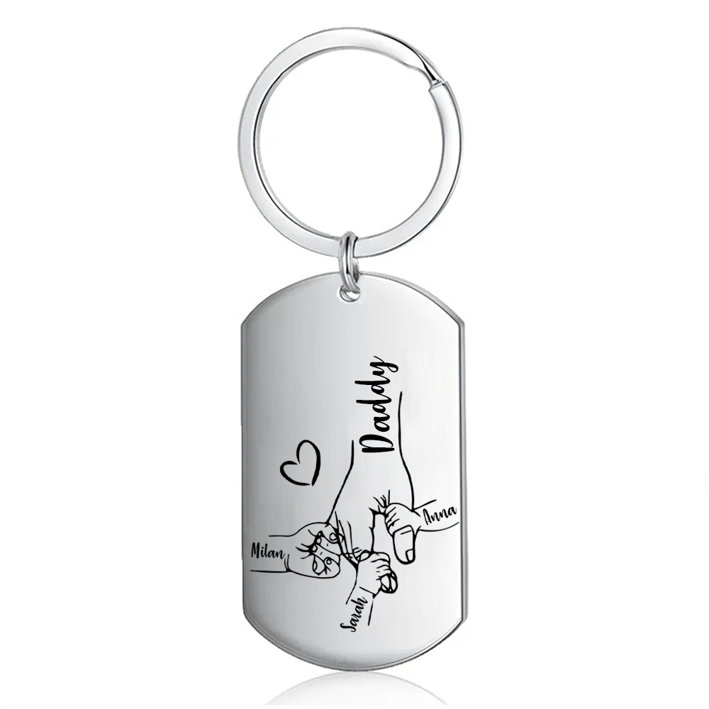 3 Names - Personalised Holding Hands Keyring with name and text Gift for Dad