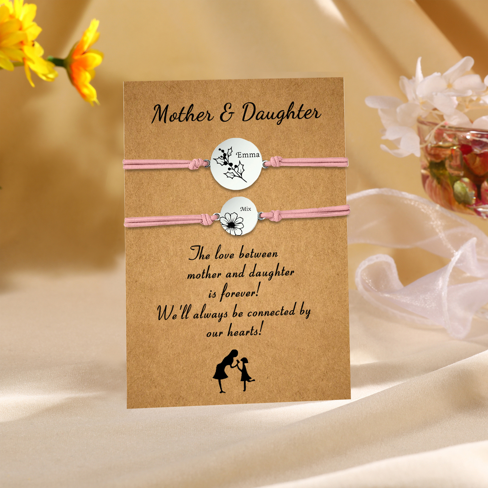 2PCS Personalized 2 Birthflowers and 2 Names Elastic Stainless Steel Bracelet Mother and Daughter Back to School Gift for Daughter