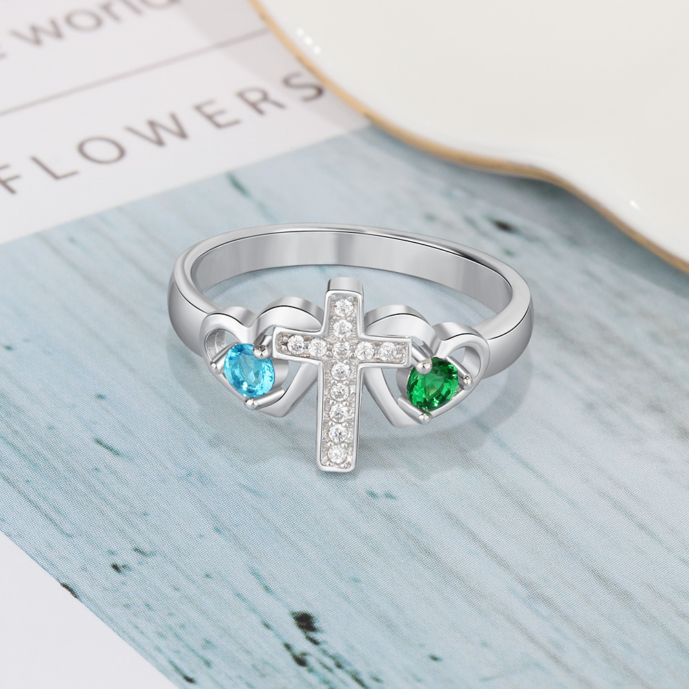 S925 Silver Ring Personalised 2 Birthstones Cross Ring With Names Gifts For Her