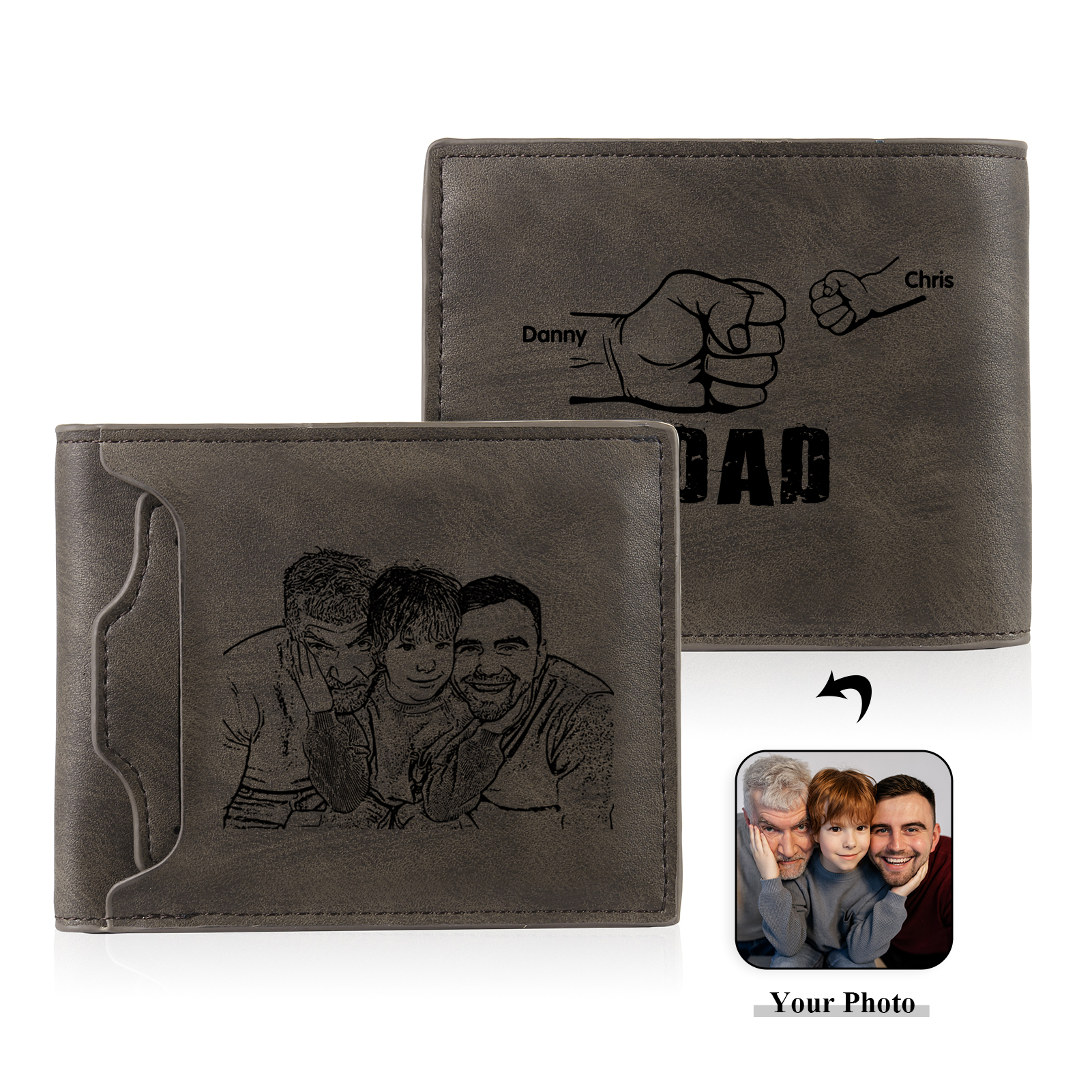 2 Names - Personalised Photo Custom Leather Men's Folding Wallet as a Father's Day Gift for Dad