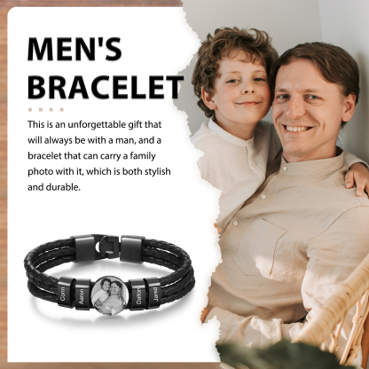 Personalised Braided Leather Bracelet Engraved with 4 Names and Customized 1 Photo Men's Bracelet for Dad