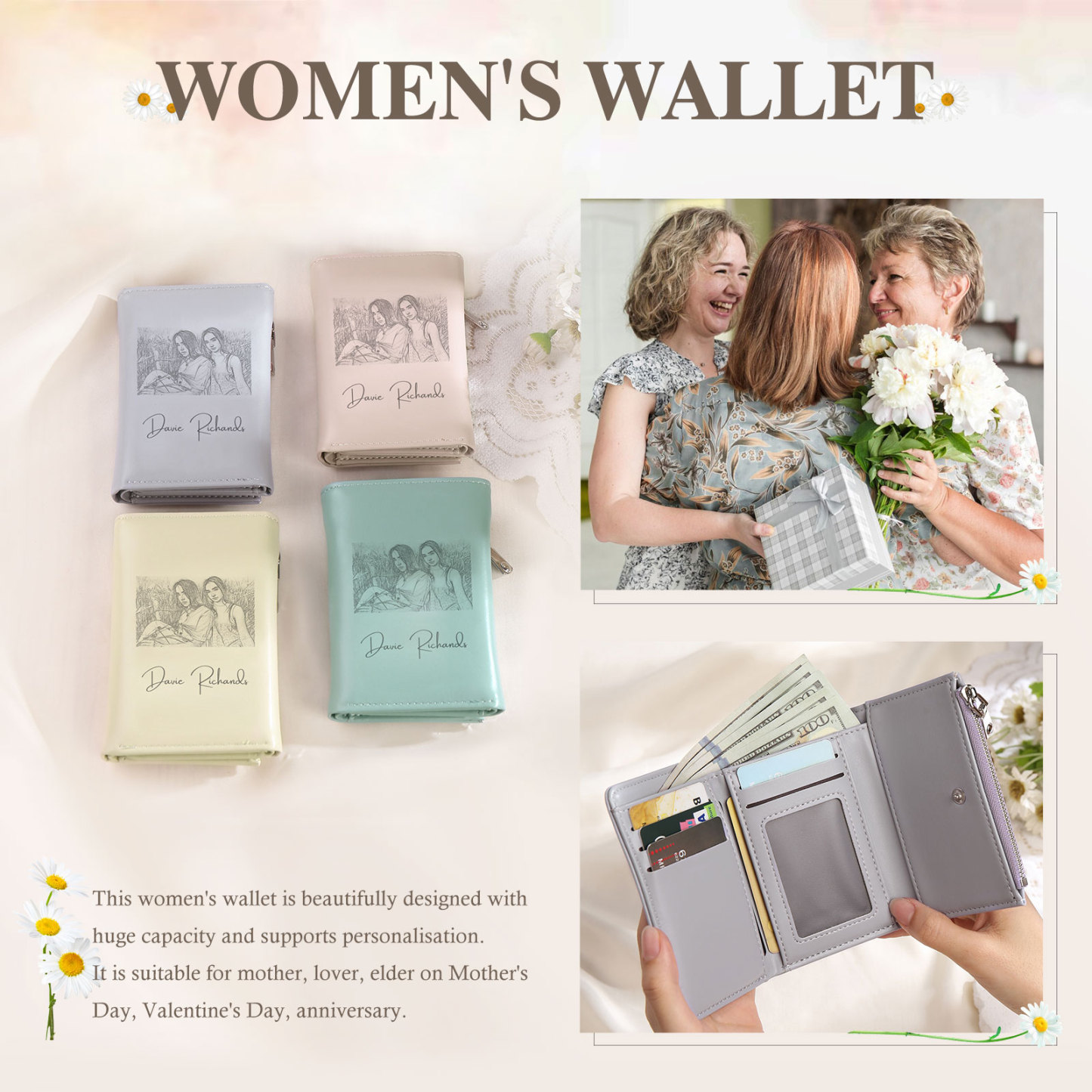 Custom Purse-Personalised Photo Quality Leather Folding Zip Wallet Custom Text Wallet Gift for Her