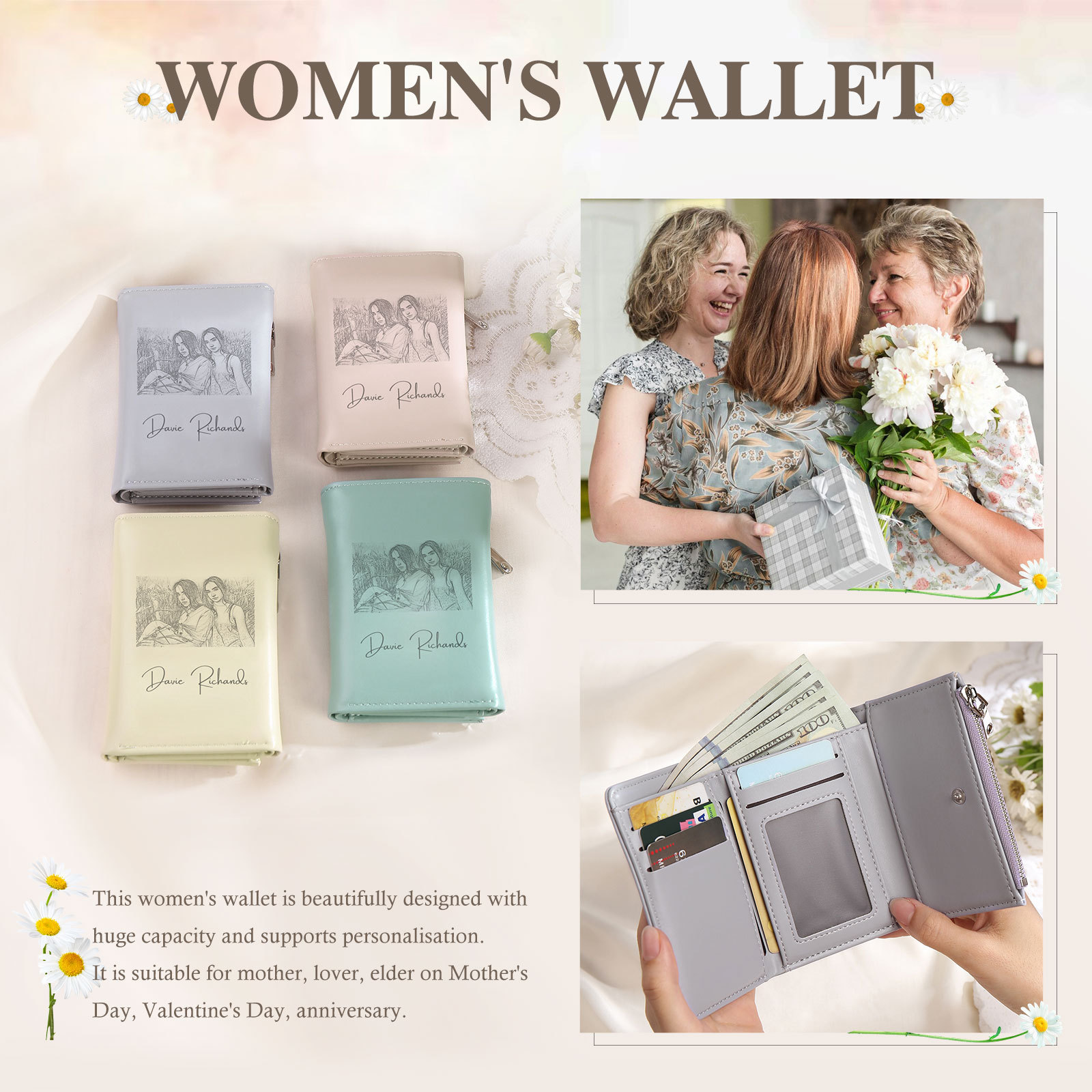 Custom Purse-Personalised Photo Quality Leather Folding Zip Wallet Custom Text Wallet Gift for Her