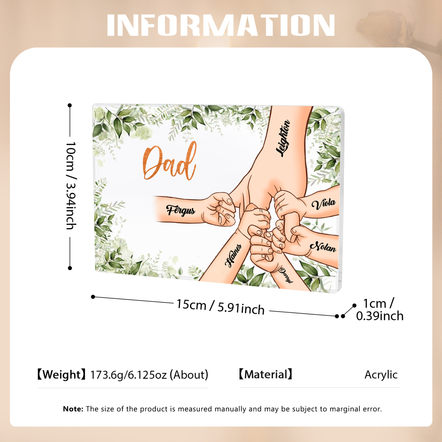 6 Names & 1 Text Personalised Acrylic Plaque for Dad - Custom Holding Hands Style | Jessemade
