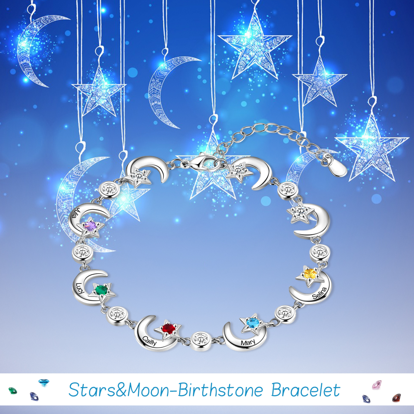5 Names-Personalised Moons And Stars Bracelet With 5 Birthstones Custom Names Bracelet Gift For Women