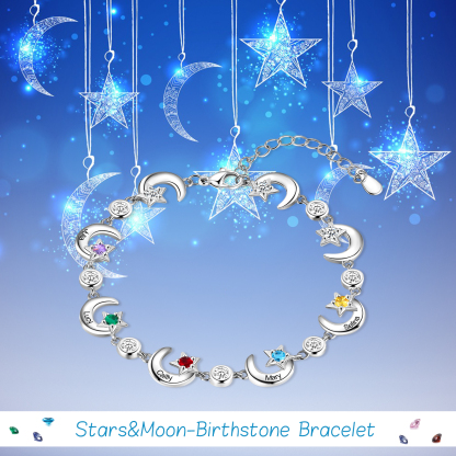 5 Names-Personalised Moons And Stars Bracelet With 5 Birthstones Custom Names Bracelet Gift For Women