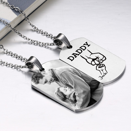 2 Names-Personalised Dad Photo Fist Stainless Steel Necklace-Custom Names and Photo Necklace for Father/Grandad