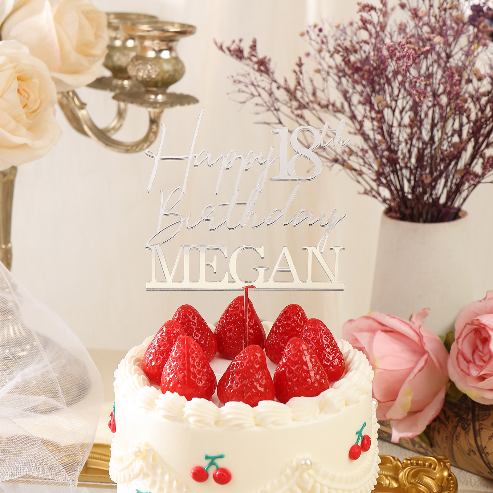 Personalized Custom Text And Name - Happy 18th Birthday Cake Topper For Birthday