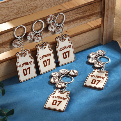 Personalised Text & Numbers & 2 Names Wooden Basketball Keyring for Him
