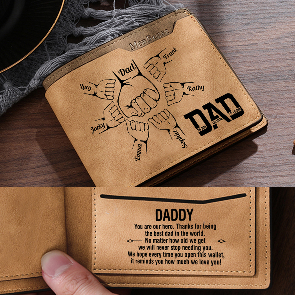 Personalised 2-9 Names Fist Bump Pattern Custom Name Leather Men's Wallet for Dad