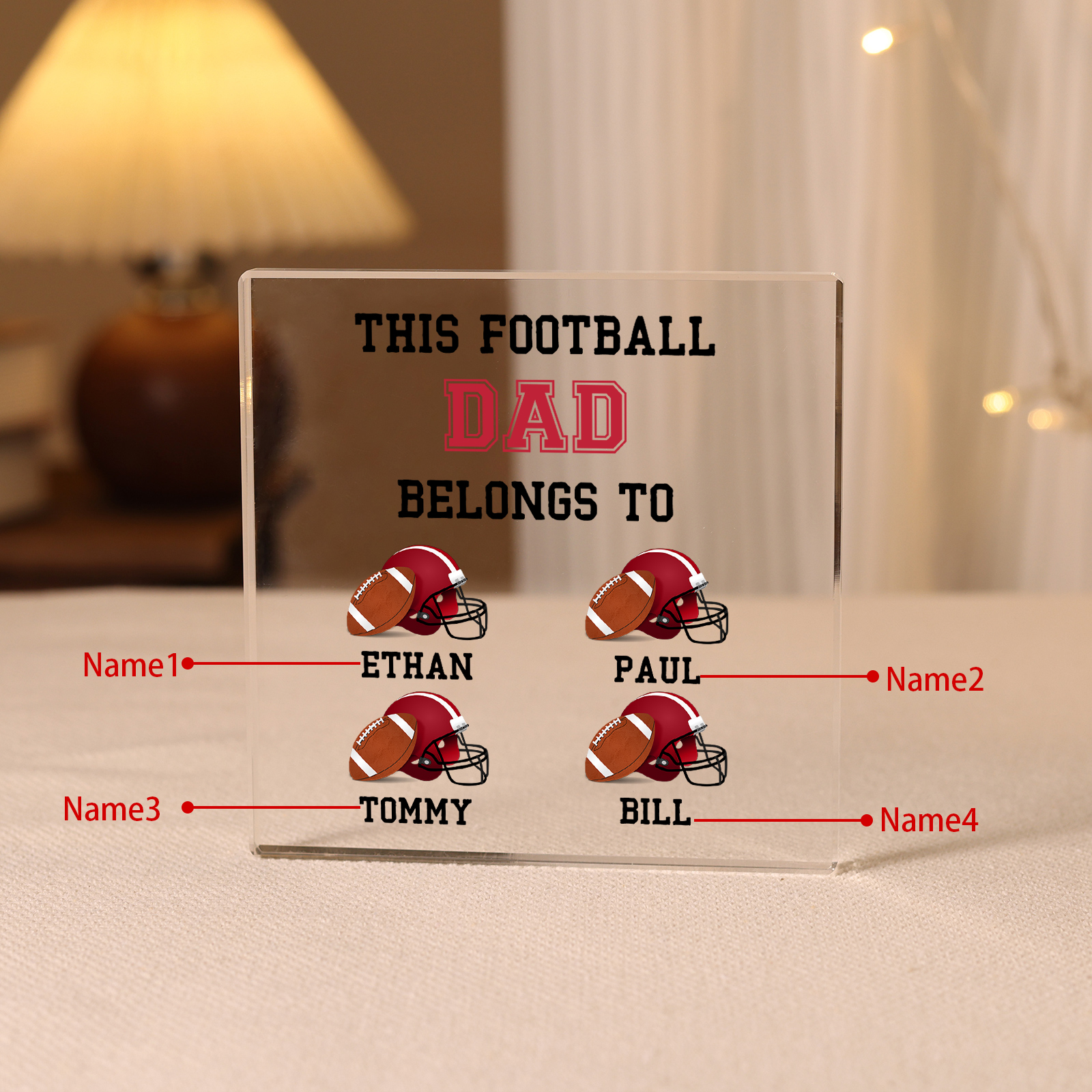 4 Names -Personalised Football Acrylic Keepsake Customized Name Acrylic Plaque Ornament Father's Day Gift for Dad