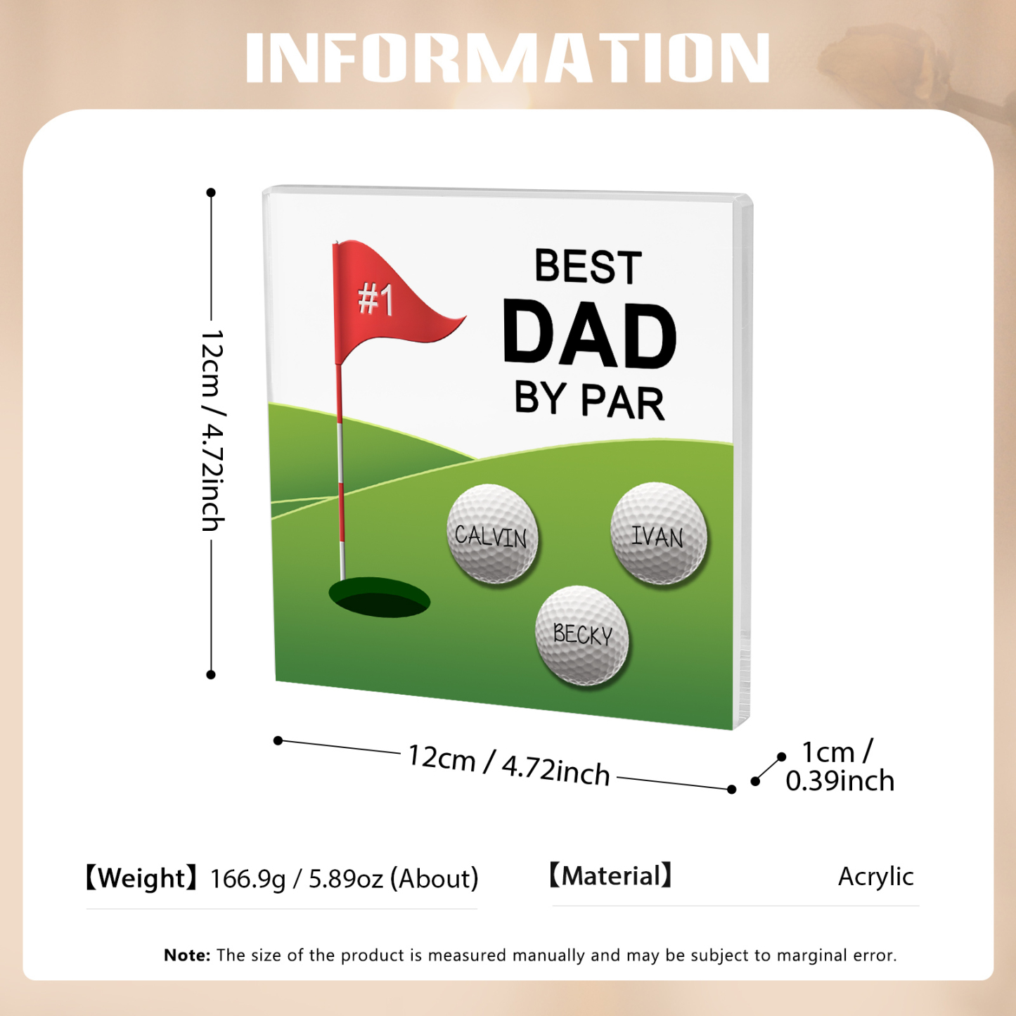 3 Names - Personalised Name and Text Acrylic Decor - Best Dad By Par - Father's Day Gift for Dad