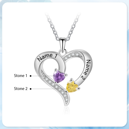 Custom Engraved 2 Names Heart Shaped Pendant Personalised Birthstone Necklace for Women - Gift for Her