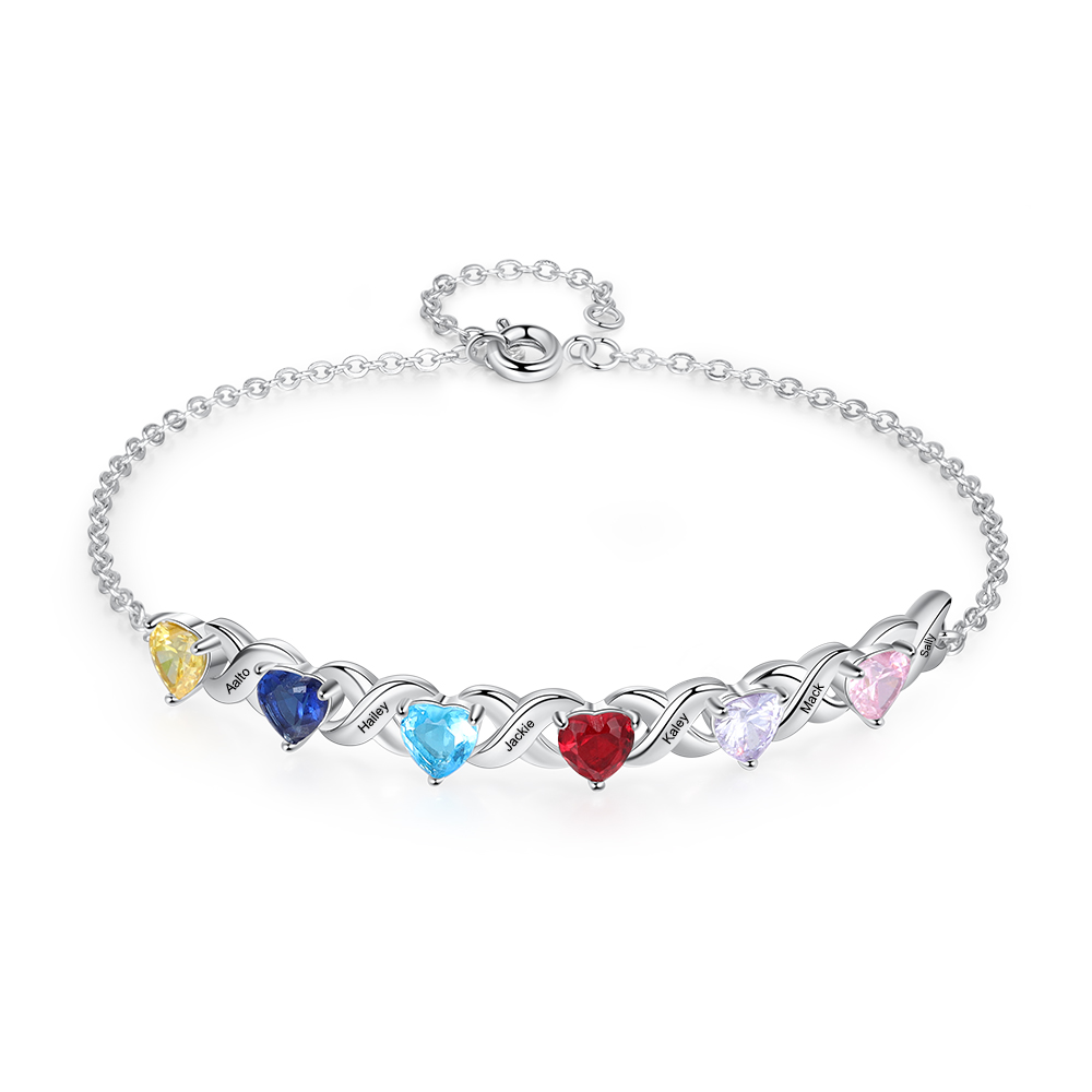 Personalised Bracelet With 6 Heart Birthstones Engraved Names Bracelet Gift For Women