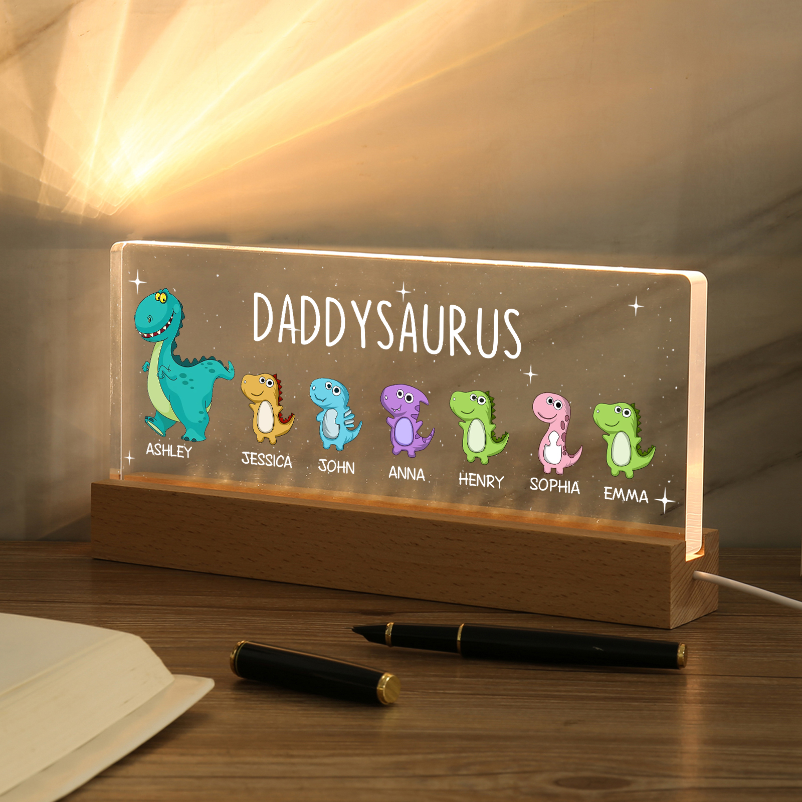 7 Names - Personalised Cute Dinosaur Pattern Beautiful Table Lamp Father's Day Gift for Dad