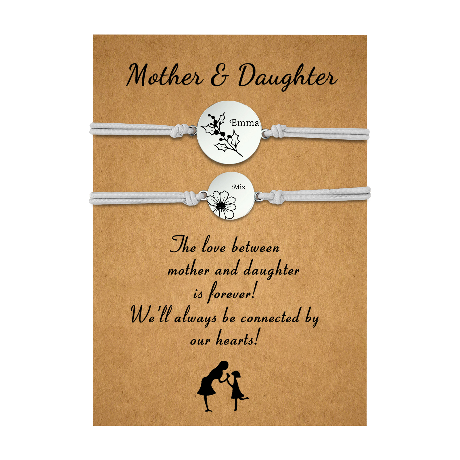 2PCS Personalized 2 Birthflowers and 2 Names Elastic Stainless Steel Bracelet Mother and Daughter Back to School Gift for Daughter
