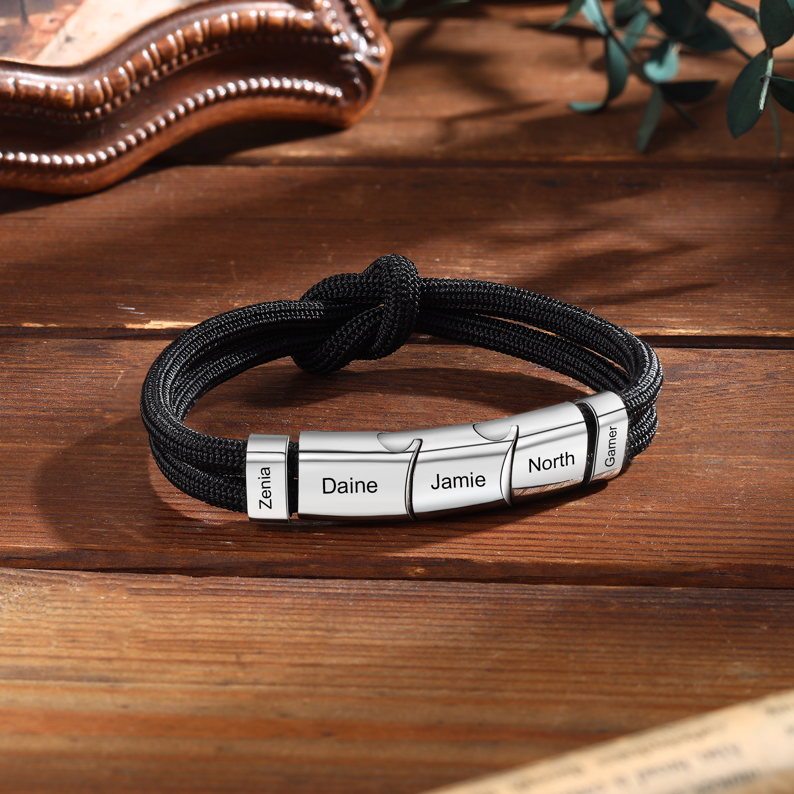 5 Names - Personalised Name Braided Leather Bracelet Engraving Men's Bracelet for Dad