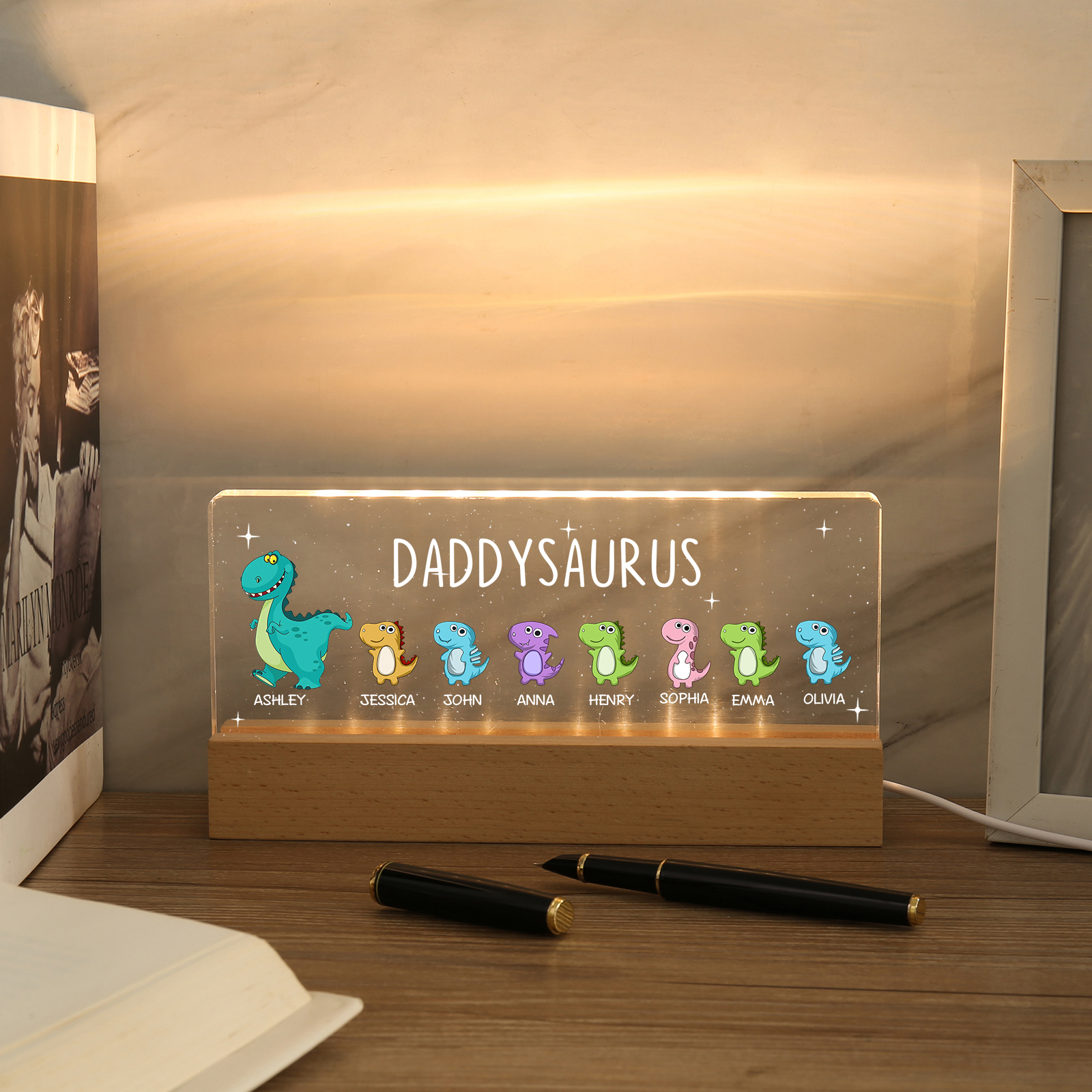 8 Names - Personalised Cute Dinosaur Pattern Beautiful Table Lamp Father's Day Gift for Dad
