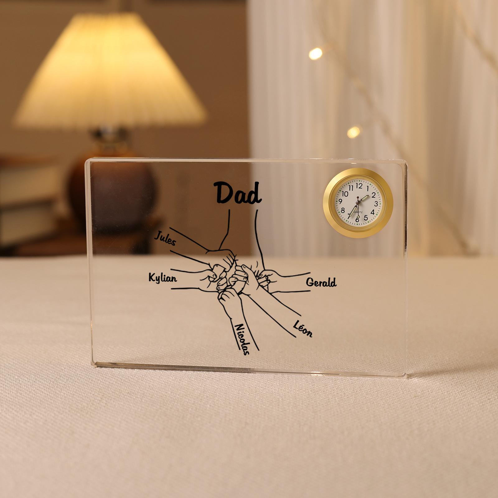 6 Names - Personalised Holding Hands Pattern Custom Name Acrylic Rectangular Clock Ornament Father's Day Gift