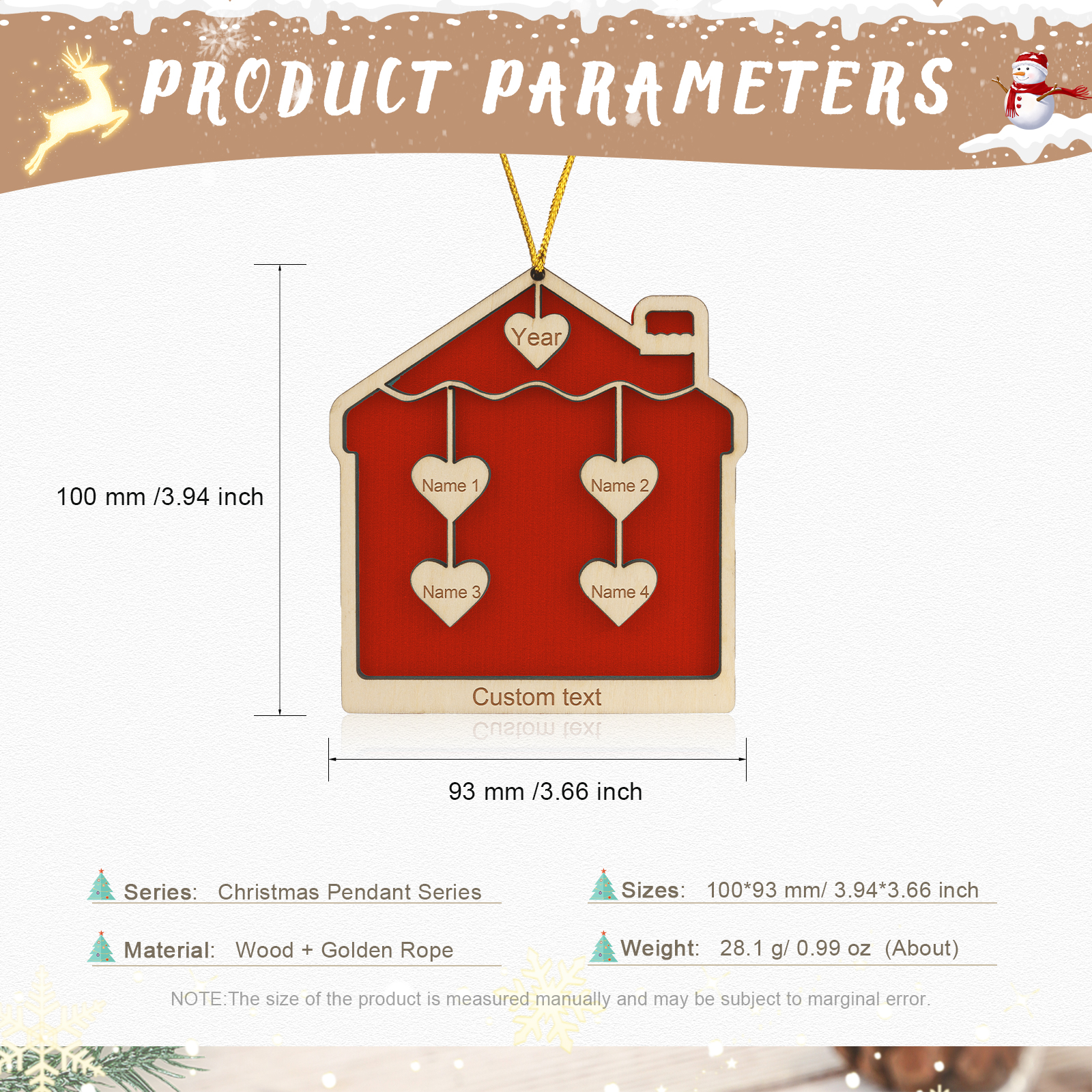 4 Names-Personalised Family Wooden Christmas Xmas Tree Decoration Ornament-Custom 4 Names And Year Hanging Ornament Gifts For Family