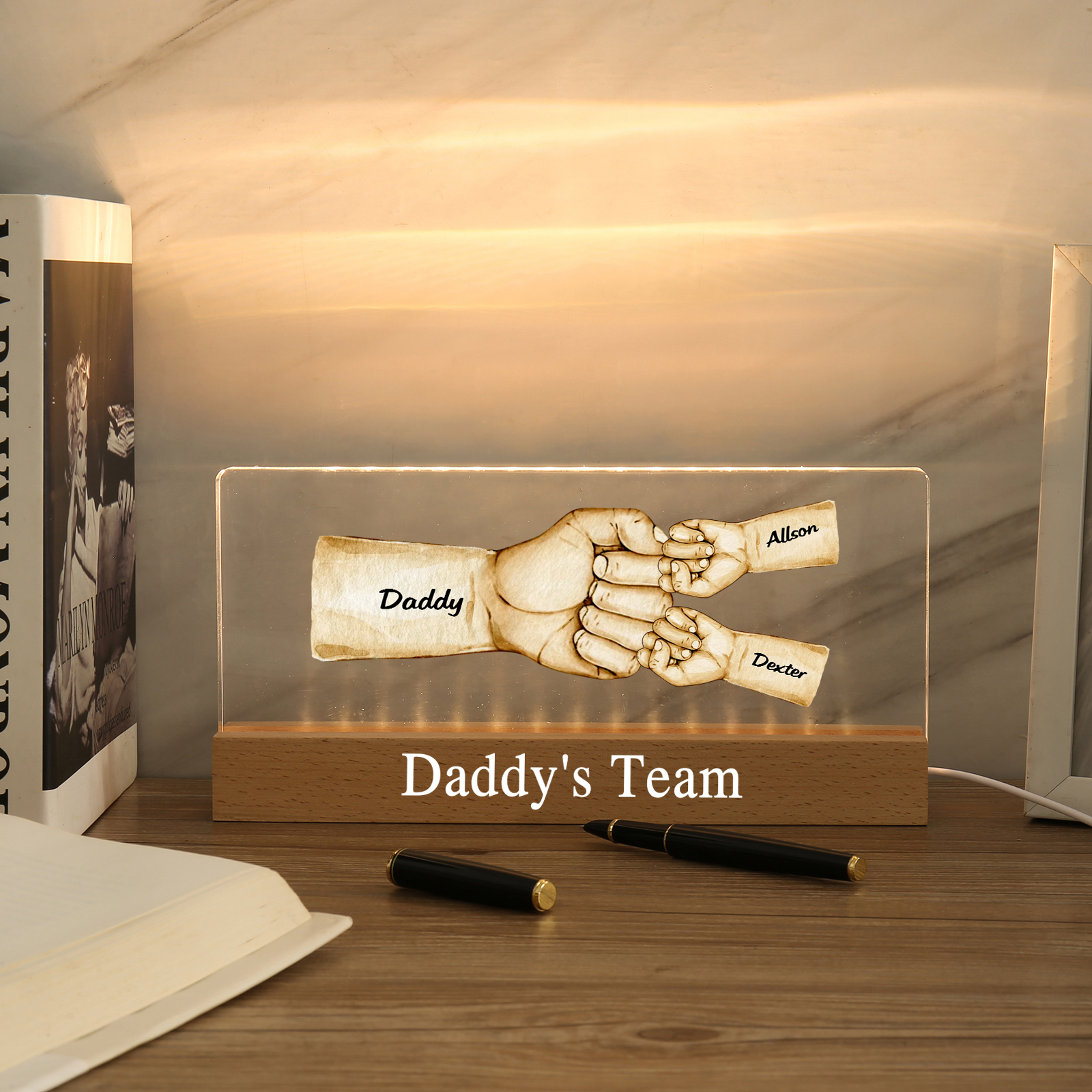 3 Names - Personalised Fist Bump Pattern Table Lamp Customized Text Father's Day Gift for Dad