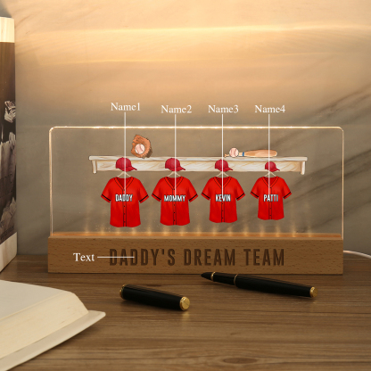 4 Names - Personalised Baseball Jersey Desk Lamp - Dad's Dream Team - Father's Day Gift for Dad